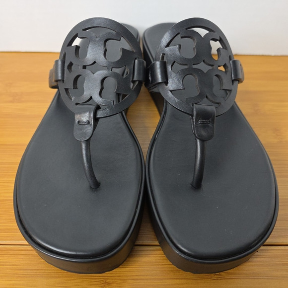 TORY BURCH Miller Wedge Platform Leather Sandals Black Excellent US 9.5M - Picture 8 of 16